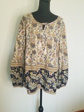 Lascana Boho Tunic Top Border Print Long Sleeves Front Tie Tassels Taupe Navy 12